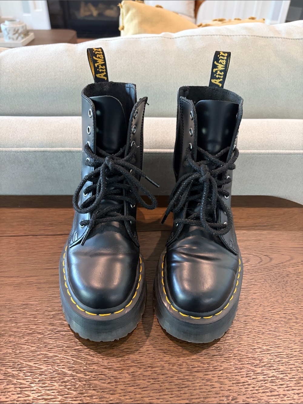 Dr. Martens Black Leather Platform Lace-Up Boots with Yellow Stitching